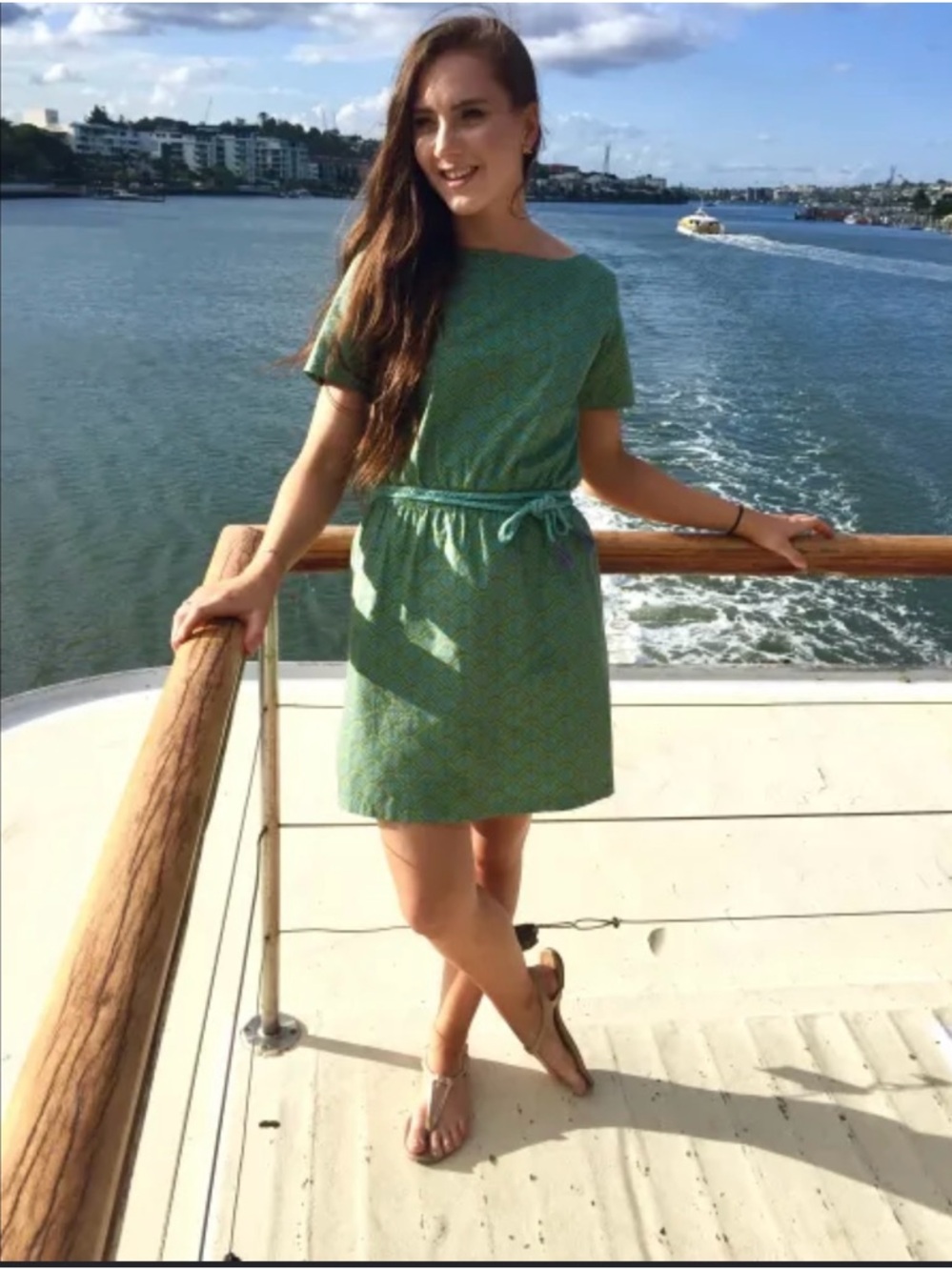 Metiseko Organic Cotton Green Print Dress XS Belted Elastic Waist Resort Mini